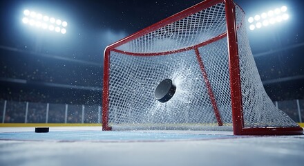 Hockey puck hitting net with water splash goal