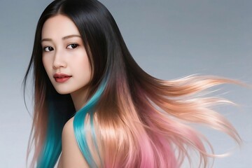 Elegant Woman with Long Flowing Ombre Hair in Pink, Peach, and Aqua Tones