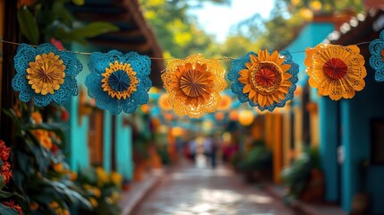 Colorful paper flower decorations hanging across a vibrant outdoor alley with turquoise walls and blurred background of people and greenery on a sunny day