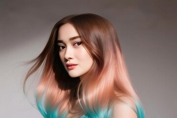 Elegant Woman with Long Flowing Ombre Hair in Pink, Peach, and Aqua Tones