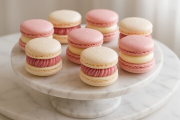 Fototapeta premium Decadent French macarons filled with raspberry mousse arranged on elegant marble pastry stand