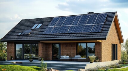 Fototapeta premium Modern brick house with dark roof covered in solar panels on a sunny day with outdoor seating and landscaped garden