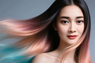 Elegant Woman with Long Flowing Ombre Hair in Pink, Peach, and Aqua Tones