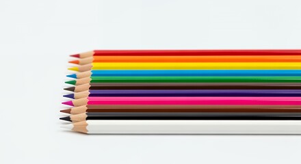 A vibrant collection of colored pencils arranged neatly in a row, showcasing a spectrum of hues against a clean white background.