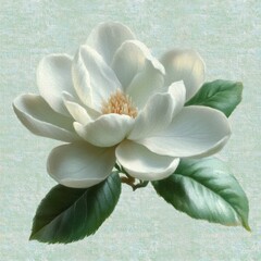Fototapeta premium Close-up of a delicate white magnolia flower with soft petals and green leaves against a textured pale background, evoking purity and tranquility