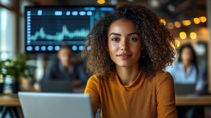 Confident young woman with curly hair in a mustard sweater sitting and smiling in a modern office with blurred colleagues and data chart in the background