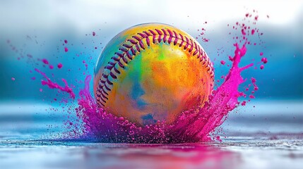 Close-up of a brightly colored softball splashing vibrant pink paint on a wet surface with a soft blue and white blurred background evoking energy and motion
