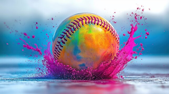 Close-up of a brightly colored softball splashing vibrant pink paint on a wet surface with a soft blue and white blurred background evoking energy and motion