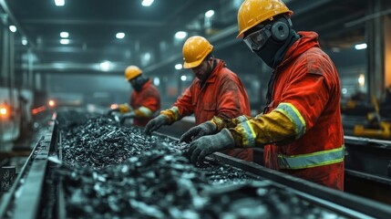 Workers wearing protective gear and helmets sorting black coal pieces on a conveyor belt in an industrial factory setting under bright artificial lights