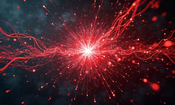 An intense red energy core explodes in a cosmic void, creating a mesmerizing display of glowing streams and scattered particles.