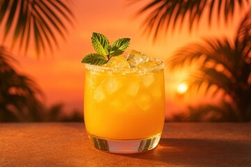 Tropical mango margarita with crystalline ice and fresh mint garnish on coral sunset background with golden hour lighting