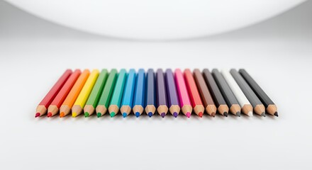 A vibrant row of colored pencils arranged neatly on a white , showcasing a spectrum of hues.