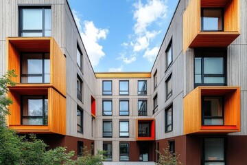 Obraz premium Modern residential building with wooden and concrete facade featuring large windows, protruding orange wooden frames, and small green bushes at the base under a bright blue sky with clouds