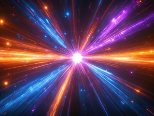 Vivid explosion of colorful light beams radiating from a bright white center in space, with dynamic orange, blue, and purple streaks creating a sense of motion and energy