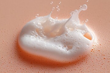 Fototapeta premium Close-up of white frothy foam splashing over smooth peach-colored liquid surface, capturing dynamic bubbles and motion