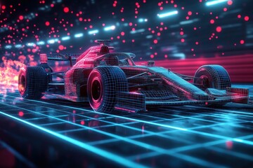 Futuristic wireframe racing car with glowing neon outlines speeding on digital grid track under dynamic lights and red particle effects