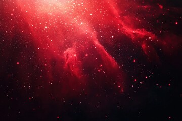 Vivid red cosmic nebula with glowing stars scattered across dark space creating a mysterious and awe-inspiring celestial scene