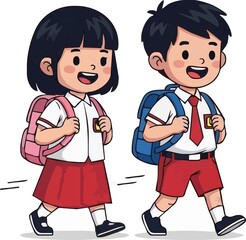 Obraz premium Indonesian Primary School Students Walking with Backpacks