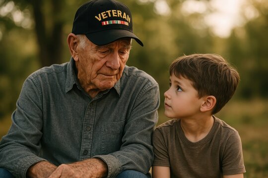 Heartwarming intergenerational moment between military veteran grandfather and young grandson sharing stories on park bench - Powered by Adobe
