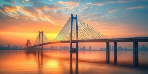 Obraz premium Suspension bridge spanning calm river at sunrise with city skyline and dramatic colorful sky