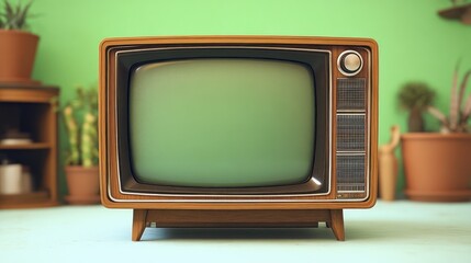 Retro wooden television set with rounded screen and control knob placed on a light surface with blurred green background and potted plants, evoking nostalgia and simplicity