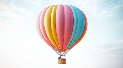 Obraz premium Colorful hot air balloon with vertical stripes of pink, yellow, and blue floating peacefully in a clear sky with soft clouds