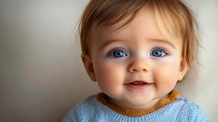 Naklejka premium Close-up portrait of a happy baby with big blue eyes smiling softly wearing a blue and mustard sweater against a neutral background