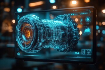 Digital holographic display of futuristic mechanical component with glowing blue and orange circuit details in high-tech environment