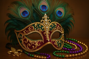 Luxurious Venice carnival mask adorned with peacock feathers and crystal embellishments