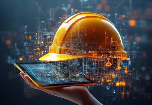 Hand holding a digital tablet projecting a glowing yellow construction helmet with holographic technical schematics and 3D digital elements
