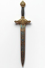 ornate gold and blue decorative sword with intricate floral patterns and an embellished hilt on a white background