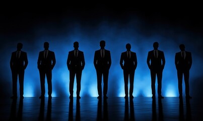 Seven men in suits standing in a row with hands in pockets against a dramatic blue backlight creating silhouettes and reflections on the floor, evoking mystery and professionalism