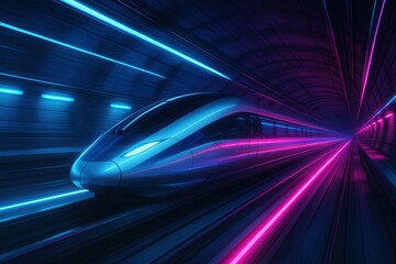 High-speed maglev train rushing through illuminated underground tunnel with electric blue and magenta light trails