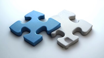Obraz premium Two interlocking puzzle pieces one blue and one white on a white background symbolizing connection and unity