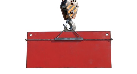 Heavy red metal plate suspended from a construction crane, showcasing industrial lifting