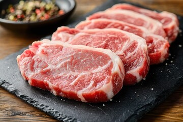 Fototapeta premium Close-up of fresh raw marbled pork steaks arranged on a black slate serving board with coarse salt and a bowl of mixed peppercorns in the background