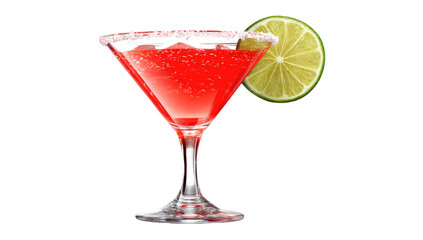 Vibrant red cocktail in martini glass, garnished with lime slice and sugared rim
