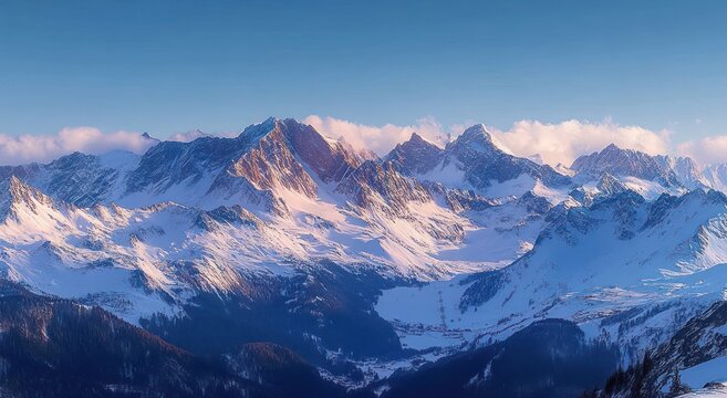 Panoramic view of snow-covered mountain range under clear blue sky with soft pink clouds and sunlight casting warm hues on rugged peaks - Powered by Adobe