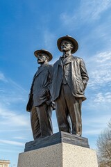 Fototapeta premium Bronze statue of two men dressed in early 20th century suits and hats standing side by side on a stone pedestal against a clear blue sky with light clouds