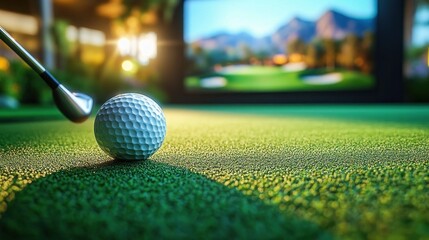 Close-up of a golf ball on a green putting surface with a golf club about to strike, set in an indoor environment with blurred background and warm lighting, evoking focus and anticipation
