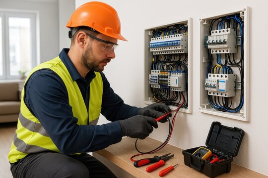 Professional electrician installing smart home automation system in contemporary residential setting