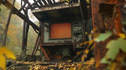 Abandoned rusty industrial machinery with old control panel surrounded by autumn foliage in a forest setting