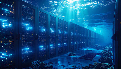Submerged Server Center: A surreal vision of a cutting-edge data center immersed in a tranquil underwater environment. The server racks glow with futuristic technology.