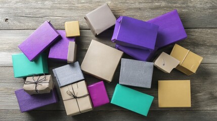 Unpacked shopping boxes arranged on a wooden surface, representing e-commerce and modern shopping.
