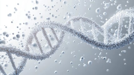 Fototapeta premium Detailed close-up visualization of a DNA double helix composed of numerous small spheres against a light neutral background conveying complexity and precision