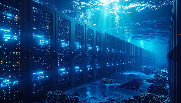 Submerged Server Center: A surreal vision of a cutting-edge data center immersed in a tranquil underwater environment. The server racks glow with futuristic technology.