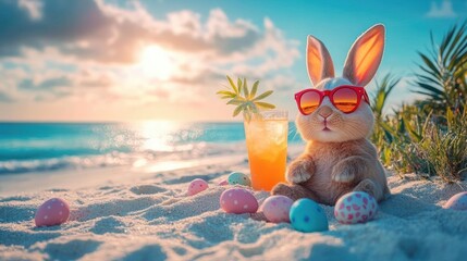 Cute rabbit wearing red sunglasses sitting on sandy beach surrounded by colorful Easter eggs with tropical drink nearby during sunset
