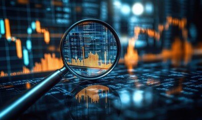 Close-up of a magnifying glass focusing on detailed financial charts and orange bar graphs with blurred stock market data in the background, conveying analysis and insight