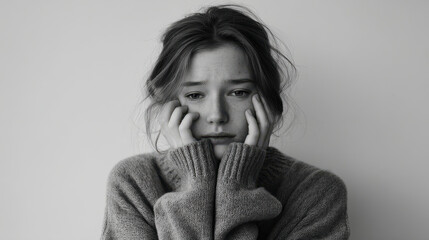 woman with trembling hands pressed against her face embodying emotional crisis in solitude