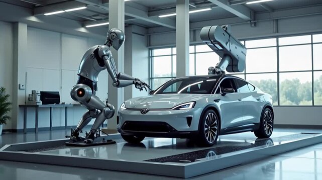 Robotic Arm Lifting Electric Car Inside Solar Powered Charging Hub with Dolly Zoom